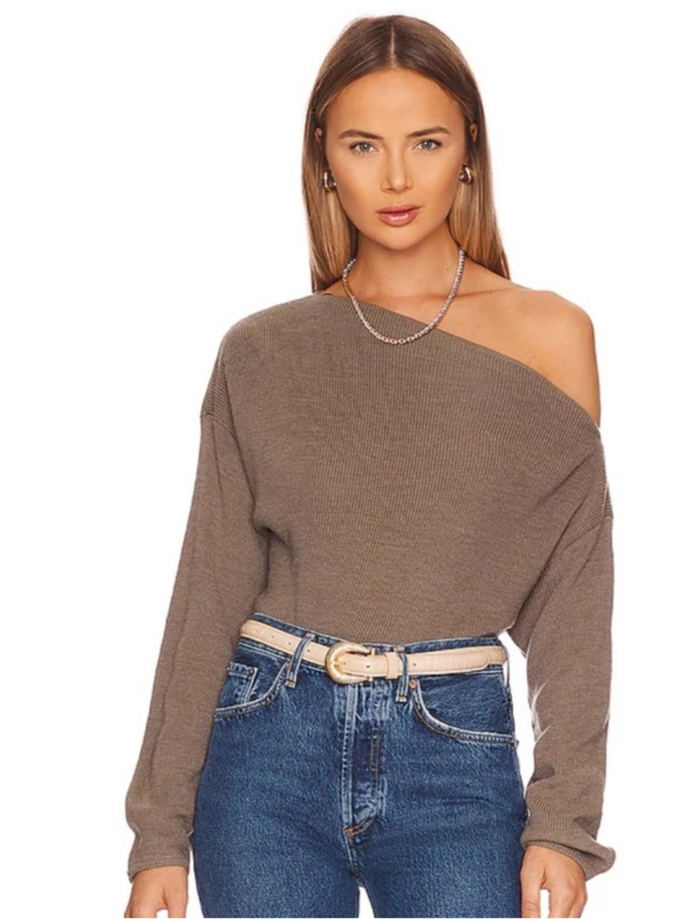 NWT Astr The label One Shoulder Ribbed Knit Top in Taupe Size XS